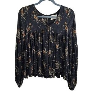 Anthropologie Holding Horses Navy Blouse Women Small Floral Boho Peasant Lagen